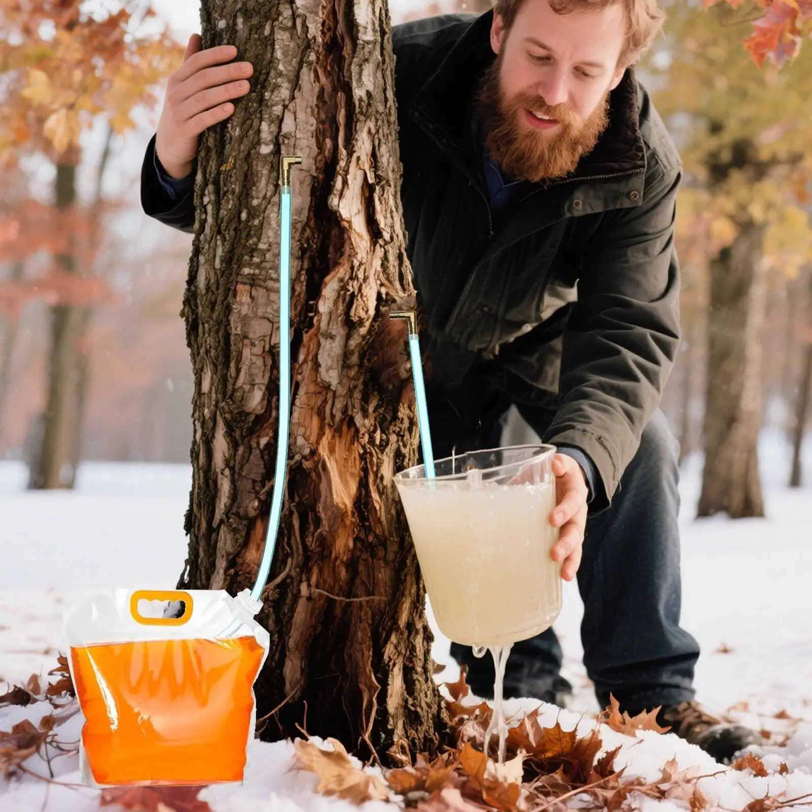 Maple Tree Tapping Kit Maple Syrup Taps L-Shaped Tip Frost-Resistant Tubing Reusable Collection Bags for Winter Survival