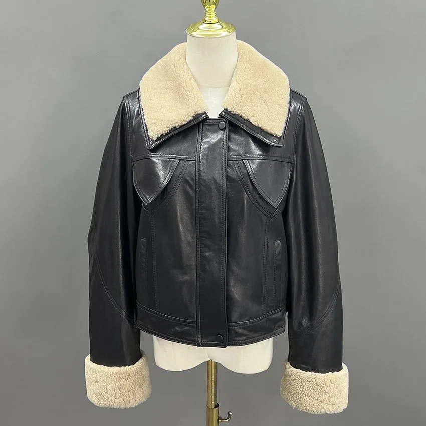 JANEFUR レディース 本革ジャケット ショートダウンジャケット ラムズウール襟付き 暖かい冬コート JFB8-25002