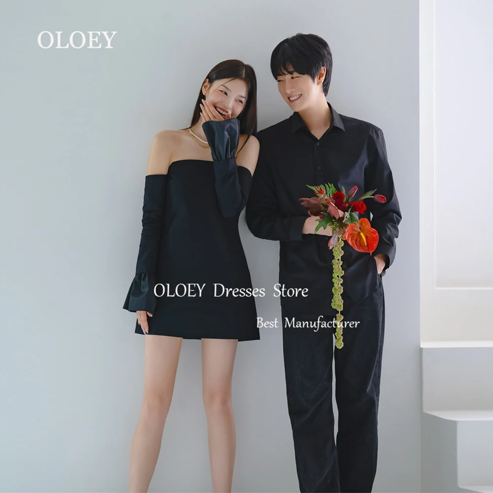 OLOEY Simple Black A Line Mini Wedding Dress Korea Photoshoot Strapless Short Prom Party Gown Detachable Sleeves Pleats Satin