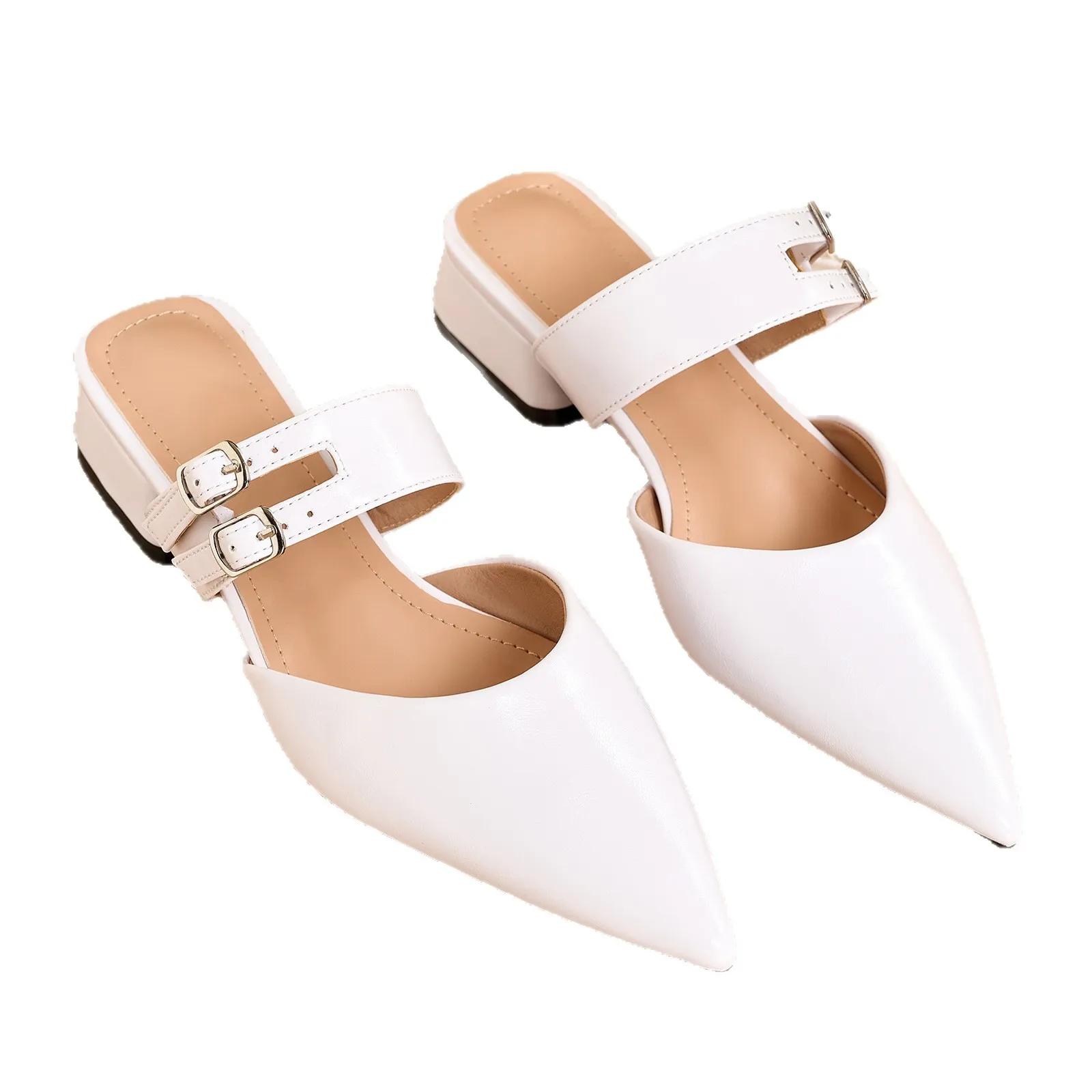 Summer Women's Baotou Slippers Pointed Toe Belt Buckle Shallow Mouth Low Heel Sandals Casual Outdoor Wear Slip On Half Slippers