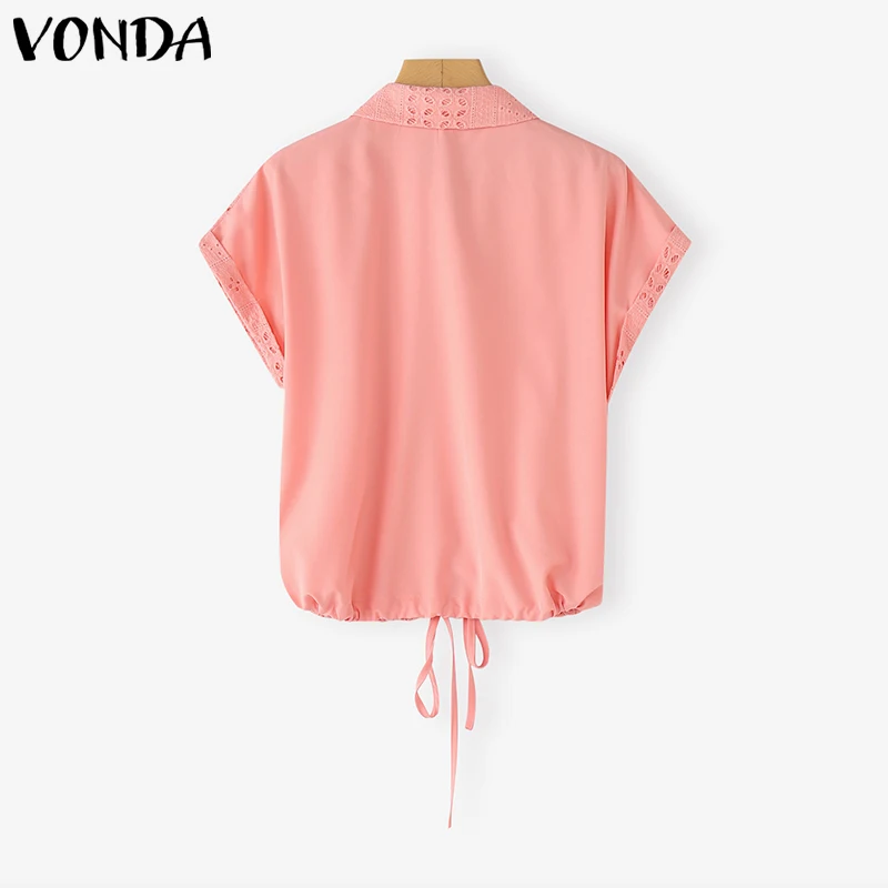VONDA ファッション ホワイトシャツ 2025 夏 レディース ブラウス 襟付き 半袖 レース エレガント オフィスレディー トップス カジュアル ルーズ ブラウス 女性用