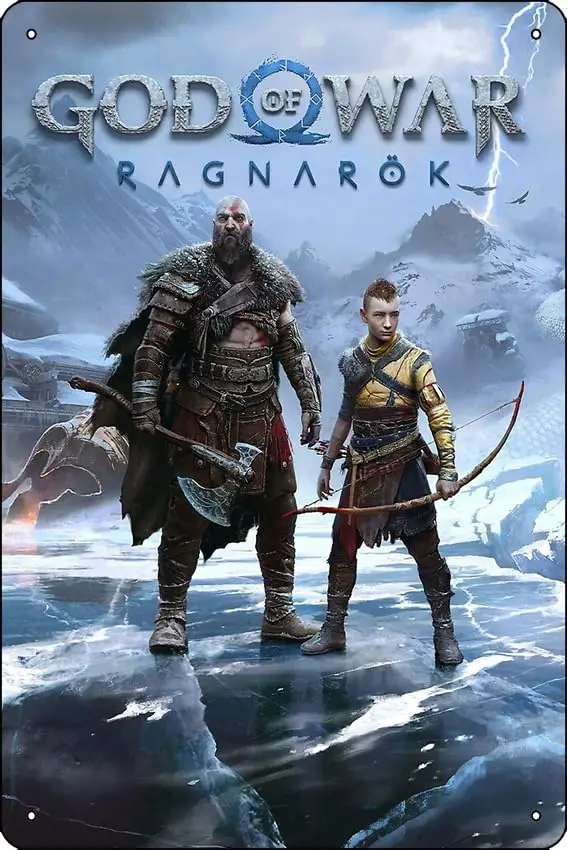 God of War: Ragnarök Poster 8 x 12 Inch Funny Metal Tin Sign Game Room Man Cave Wall Decor