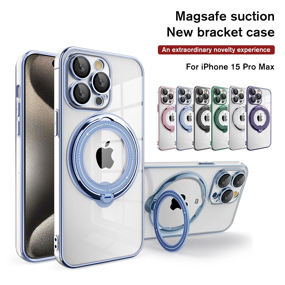 Plating Rotating Stand Case For iPhone 15 Pro Max For Magsafe Wireless Charger Magnet Lens Protection Cover iPhone15 Plus 15Pro