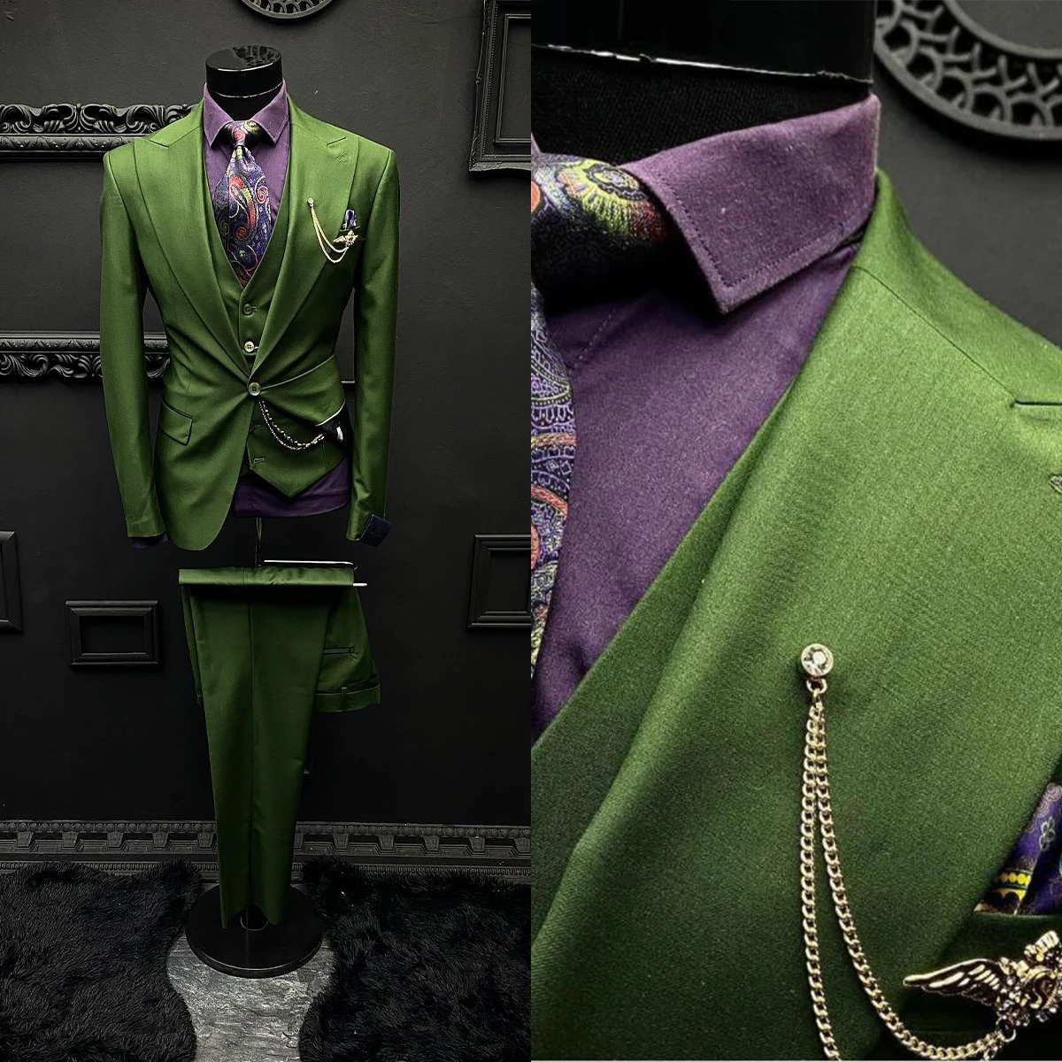 

Green Men's Suit 3 Pieces Blazer Vest Pants One Button Peaked Lapel Tuxedo Business Shiny Modern Wedding Groom Costume Homme