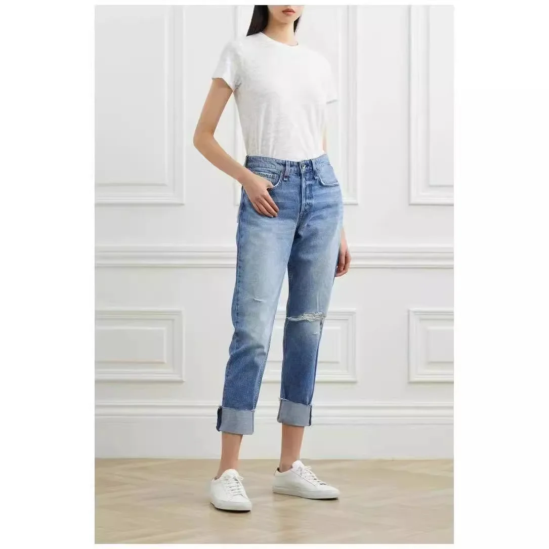 Maxdutti Minimalist Light Blue Ripped Jeans Boyfriend High Waisted Rolled Edge Straight Leg Ripped Jeans Women's Denim Pants2026
