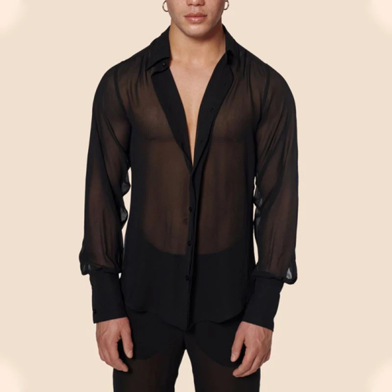 Fashion Men\'s Streetwear Shirts Sexy Deep V Neck See Through Mesh Shirt For Men Summer Casual Lantern Sleeve Tops 2023 Clothing