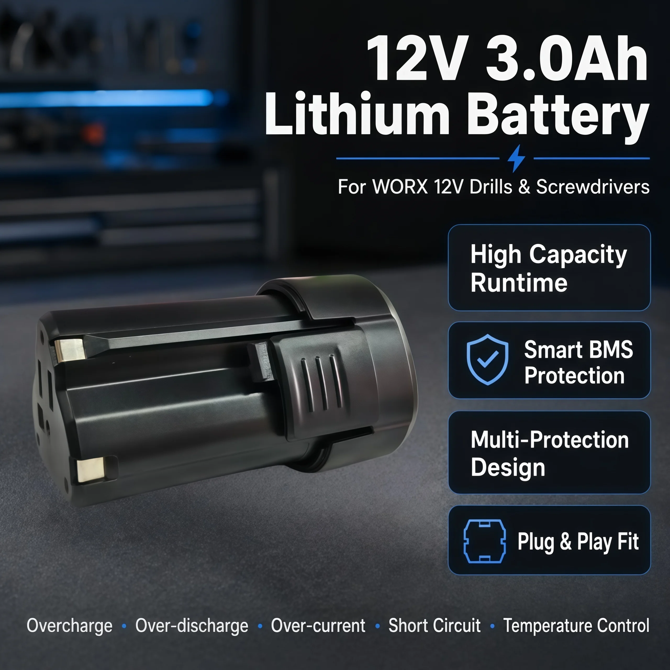 Rated 12V 3.0Ah lithium battery compatible with WORX screwdriver BMS full protection long battery life