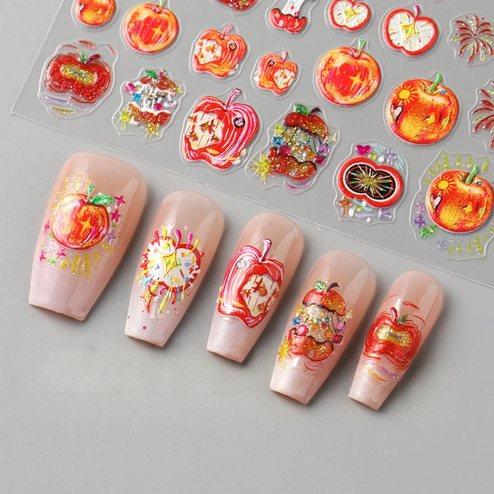 1 Vel 5D Reliëf Bite Apple Vuurwerk Apple Core Nail Sticker Kleurrijke Glitter Apple Nail Slider DIY Rode manicure Decal