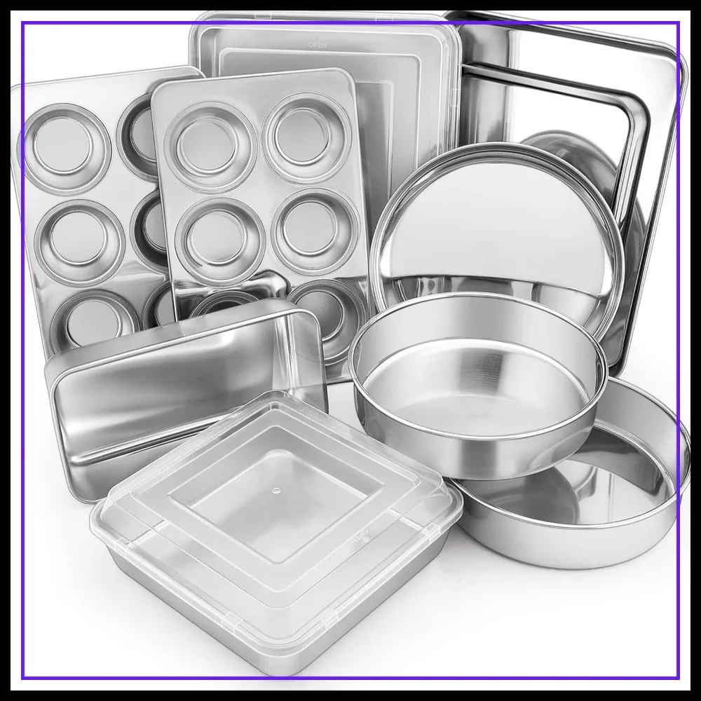 

12-Piece Stainless Steel Bakeware Set with Lids, Round, Square, Rectangle Pans, Cookie Sheet, Loaf, Muffin, Pizza Pan, Dishwasher Safe