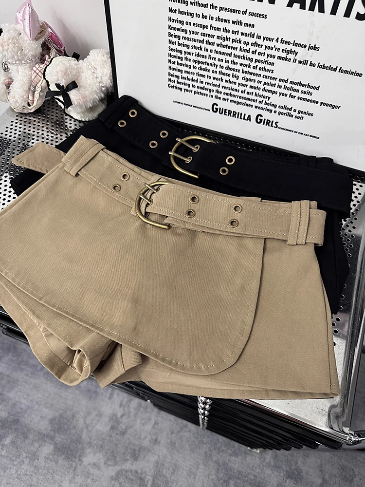 Vintage American Metal Wide Belt Mini Skirts Women Design Low Waist Safari Style A-line Jupe Female Y2k Aesthetic Faldas Mujer