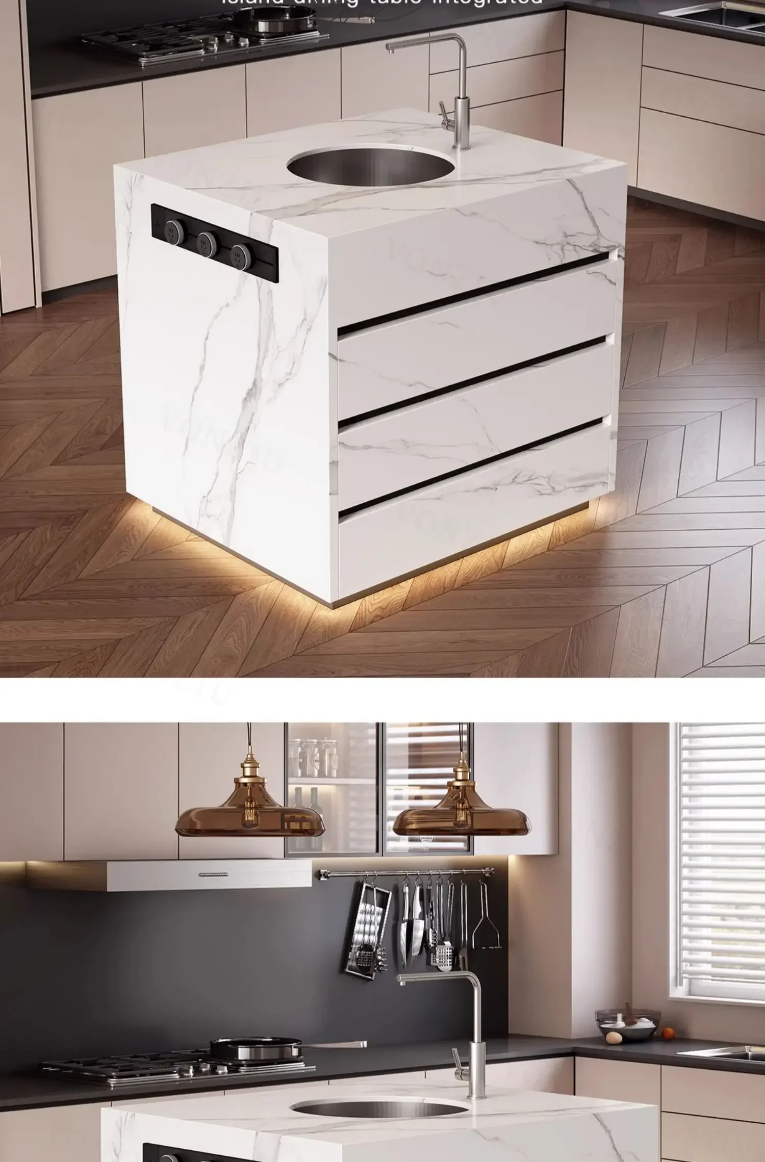 Light luxury rock slab separate mid-island table integrated kitchen restaurant bar table