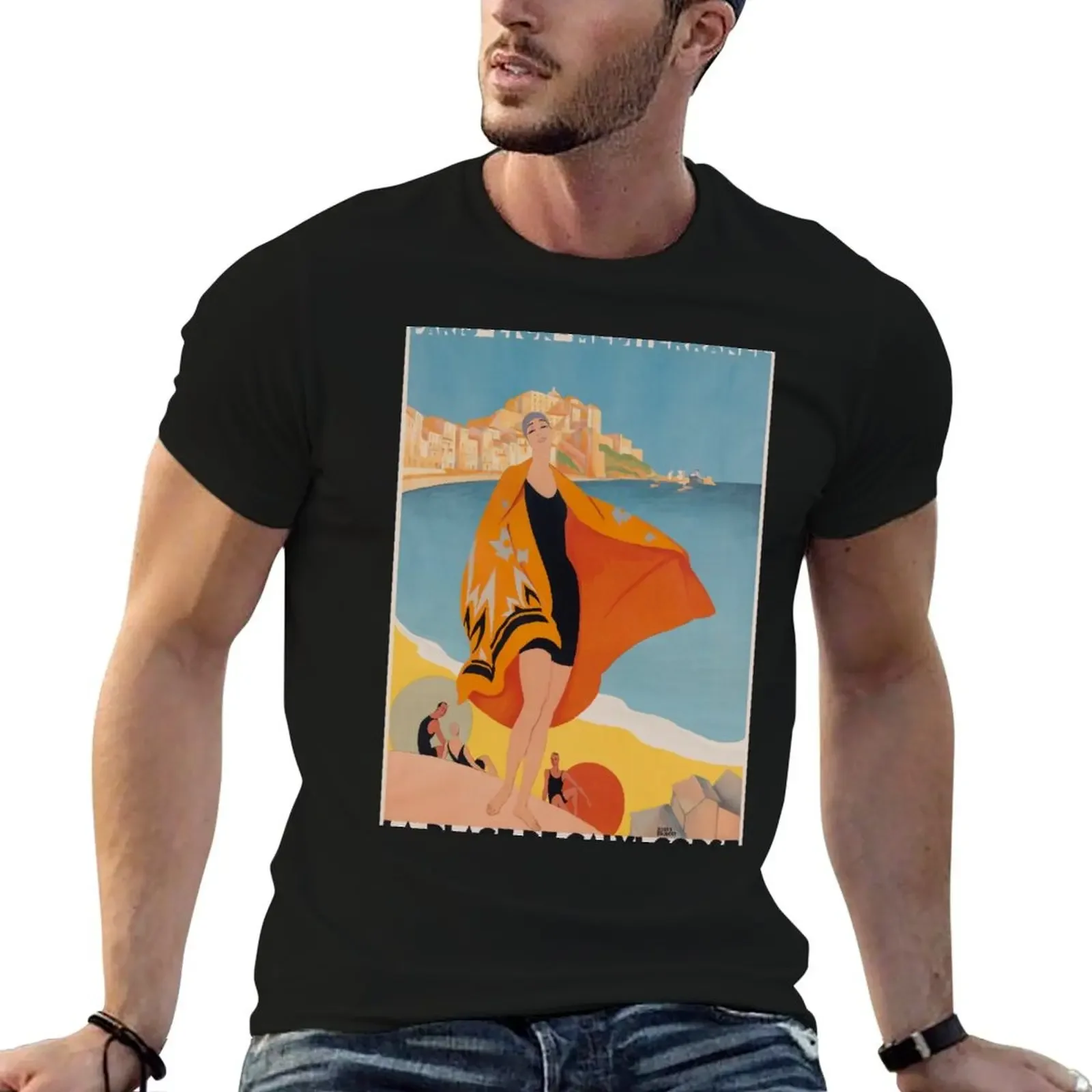 PLM La Plage de Calvi vintage travel poster T-Shirt korean fashion basketball graphic tees graphic shirts men clothing