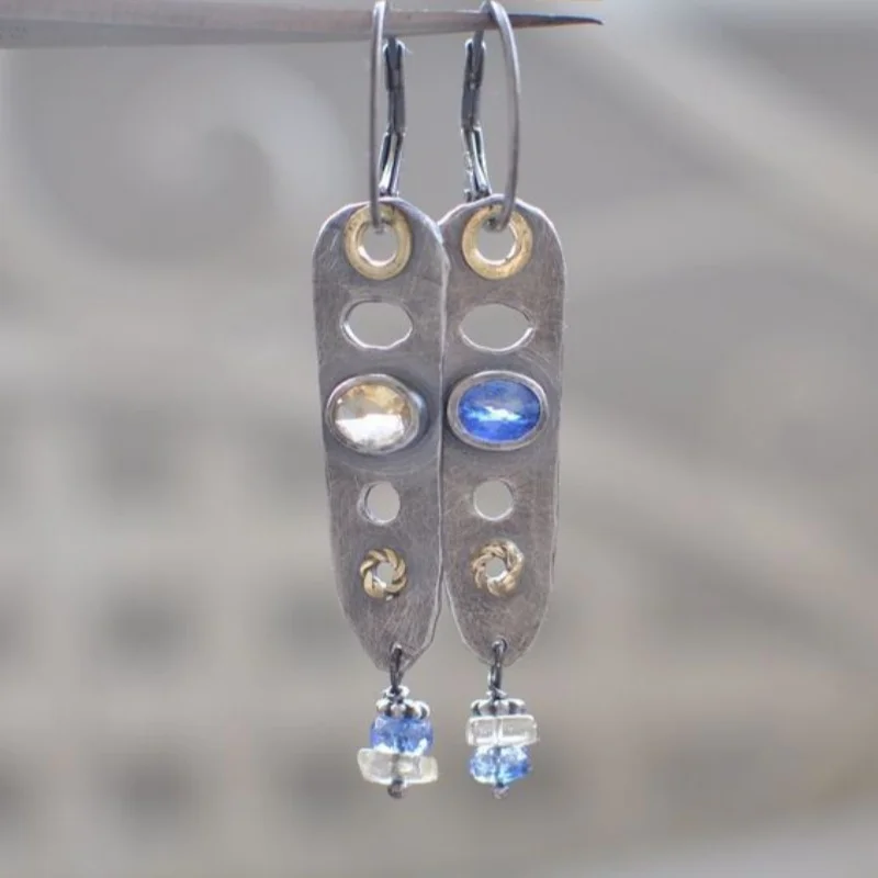 BKBK Mixed Two Tone Metal Cutout Oval Blue Crystal Bead Long Wire Hook Dangle Women Earrings Wedding Earrings for Valentine Christmas 4th of July Industrial Artisan Bridal Jewelry for Brides Bridesmaids Adult Ladies Gallery Party Occasion