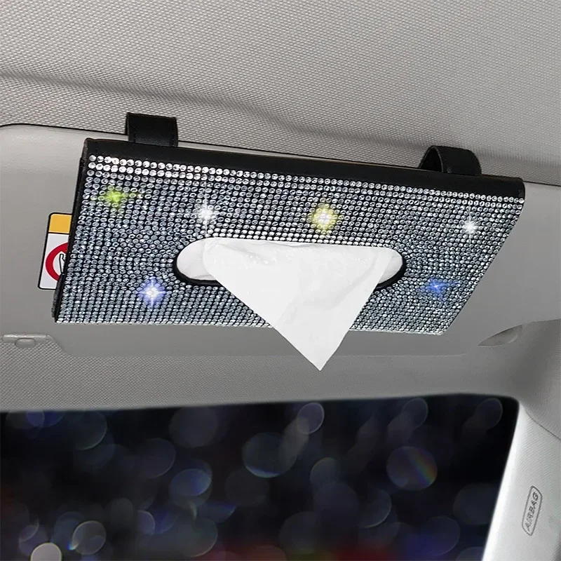 

Diamond Car Tissue Box Cover - Crystal Sparkling Visor Mask with PU Leather Back Seat Tissue Holder for Vehicle Interior