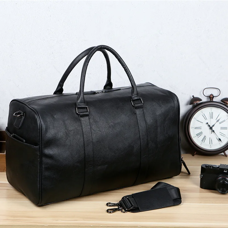 Sac de voyage noir de grande capacité pour homme, sac polochon de week-end, sac à main en cuir PU, bagage à main, sac de fitness initié par l'homme, sac de sport