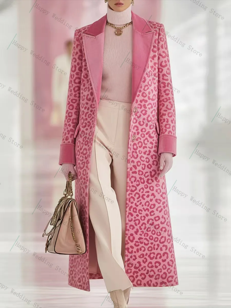 

Pink Leopard Women Suit 1 Pcs Long Blazer Wool Cashmere Prom Dress Formal Office Lady Jacket Customized Wedding Guest Overcoat