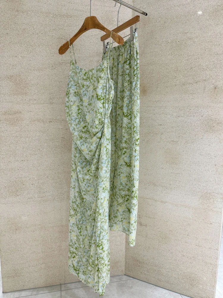 

Lesionchan2025 Summer New Silk Chiffon Floral Print Wrap Waist Long Dress Women's Casual Style No Sleeve Commute Suitable