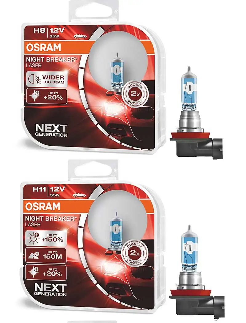 OSRAM H1 H3 H4 H7 H8 H11 9005 9006 12V Night Breaker Laser Next Generation Car Halogen Headlight Fog Lamp +150% Brightness, 2X