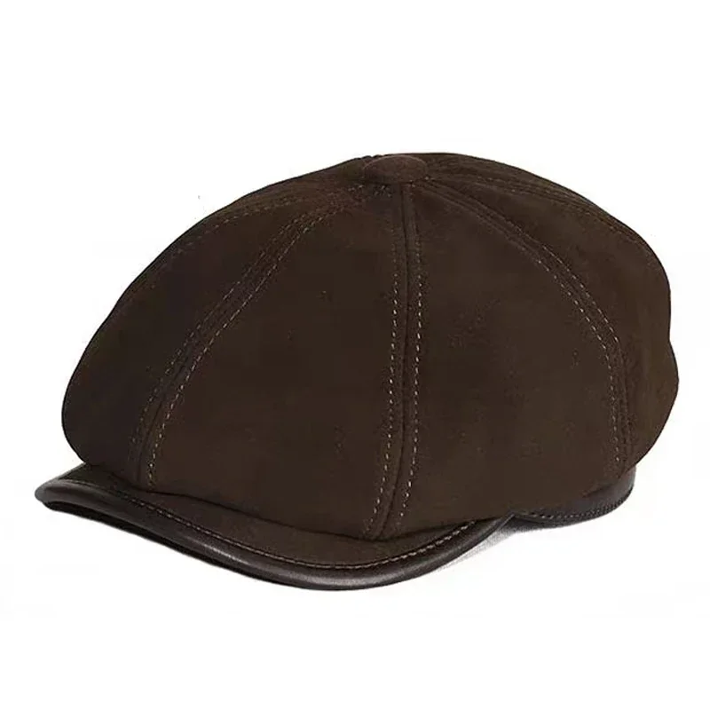 Real Suede Leather Beret Hat Men 100% Genuine Sheep Leather Octagonal Caps Male Retro British Newspaper Gatsby Boina Hombre