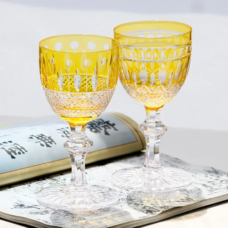 250 ml Handcrafts Yellow Cut Lotus Wine Glass Bohemia Hand Engraved Hock Goblet Classic Stemware