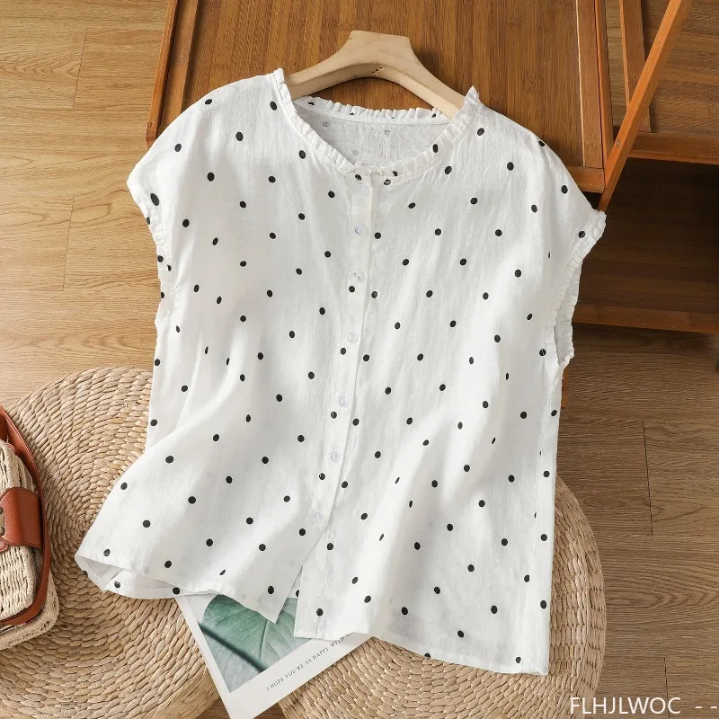 Coton lin chemises courtes mignon été corée Chic hauts Blusas FLHJLWOC Design Preppy Style filles femmes champignon volants Blouses