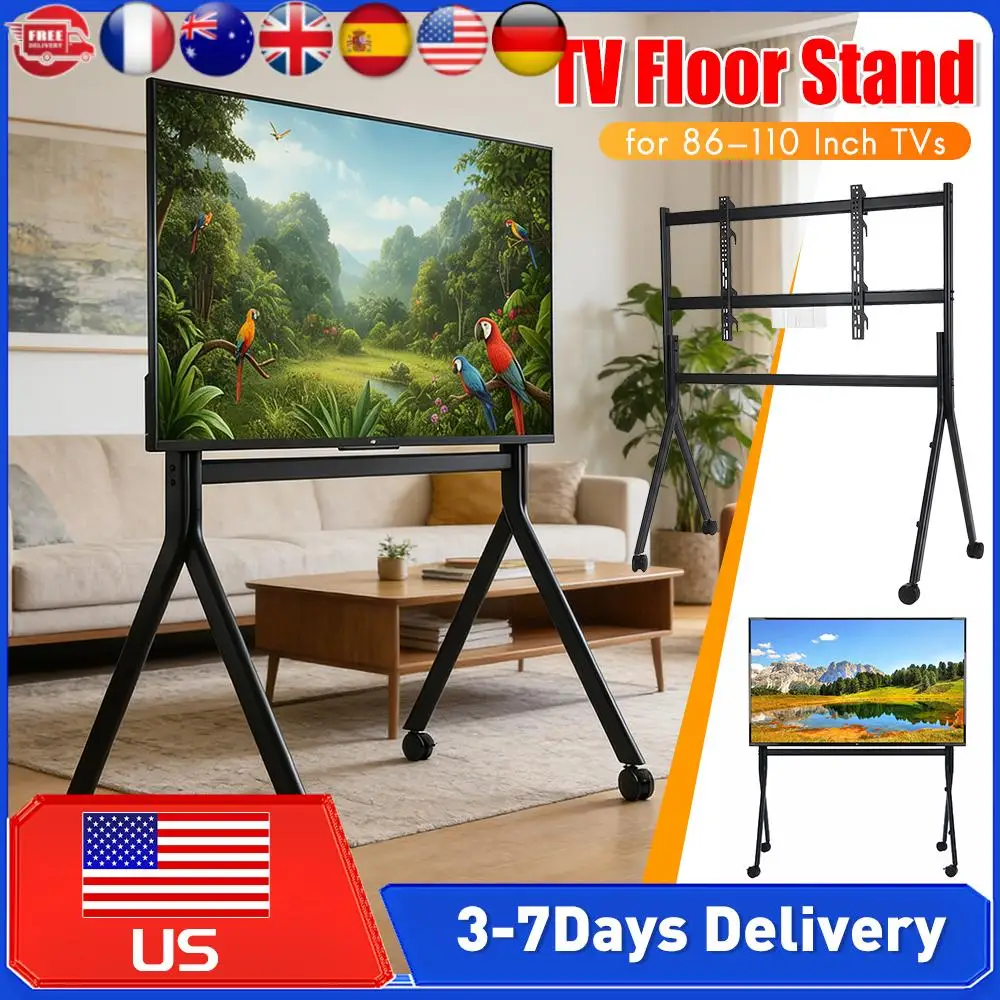 

Мобильная напольная подставка для телевизоров 86-110 дюймов с поворотом на 360 градусов ° Вращающееся кресло с регулировкой высоты и деревянной полкой, простое в сборке, для гостиной и улицы