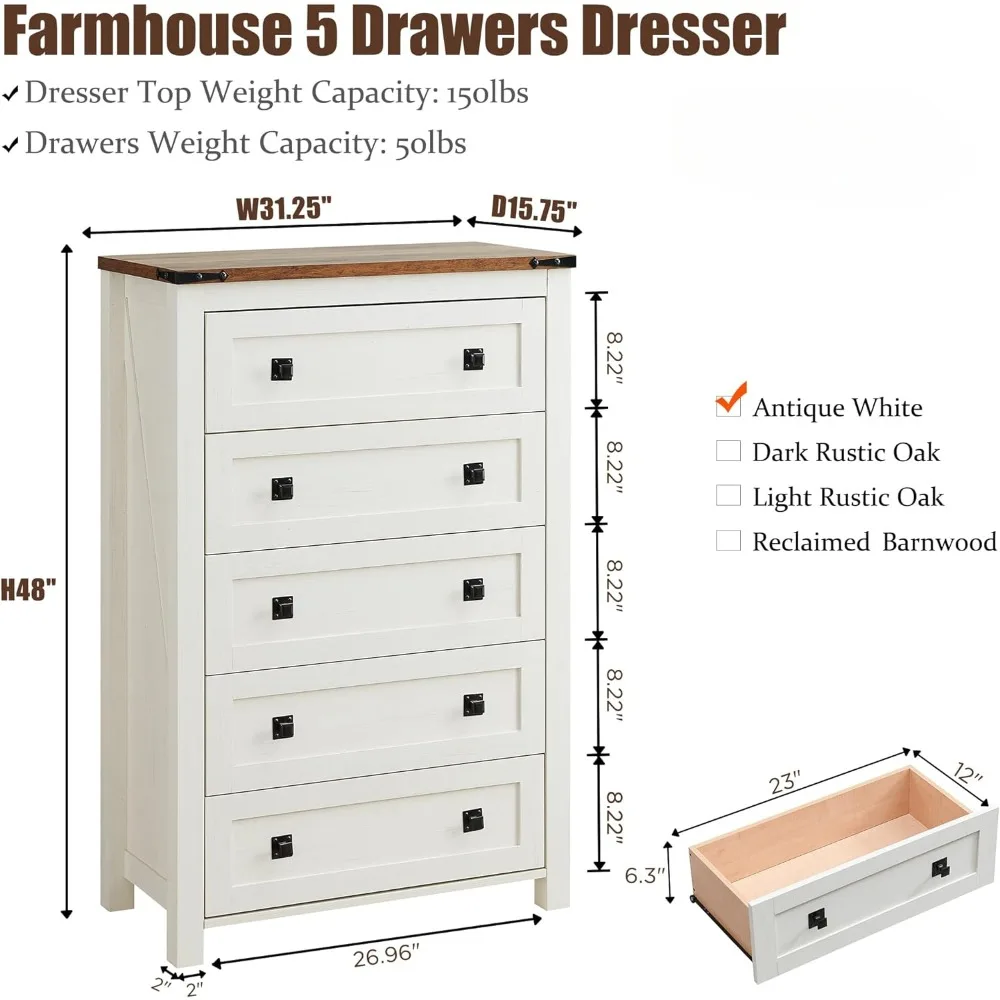 Farmhouse 5 Drawers Dresser Chests for Bedroom, Wood Rustic Tall Chest of Drawers, Dressers Organizer for Bedroom, Living Room