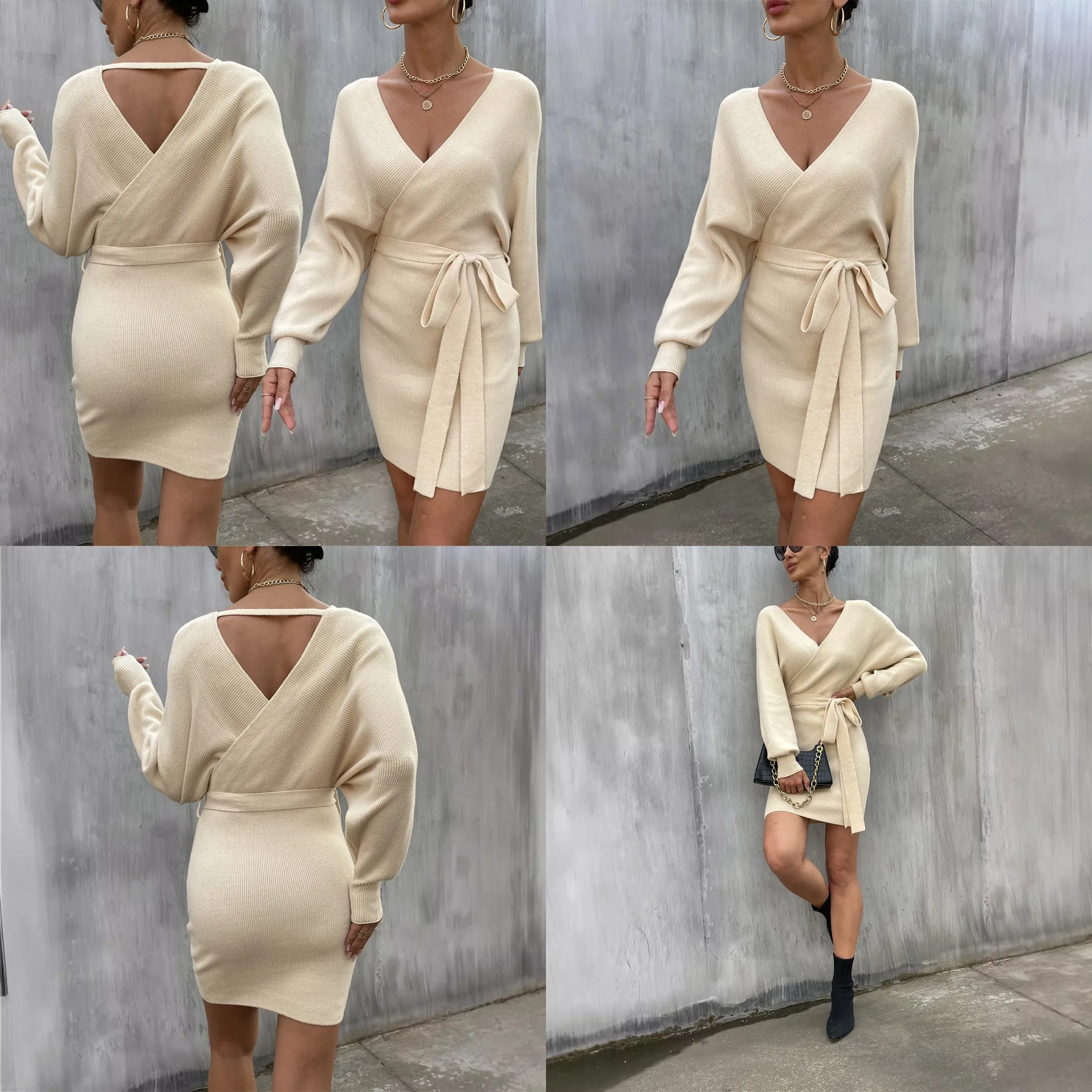 Damen V-Ausschnitt Strickkleid Rückenfreies Gebundenes Einfarbiges Pullover-Kleid Frühling Sommer Gestrickte Kleider