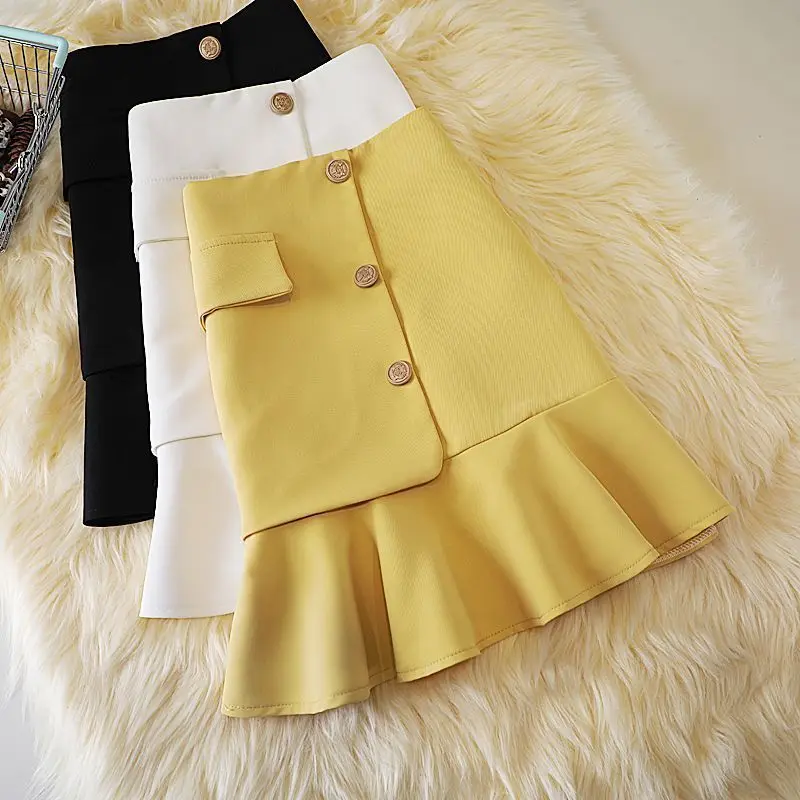 

Ruffled Fishtail Jupe Feminina Breasted A-line Fake Pocket Skirt Shorts Gothic Zipper Faldas Ropa Mujer Harajuku Woman Clothing