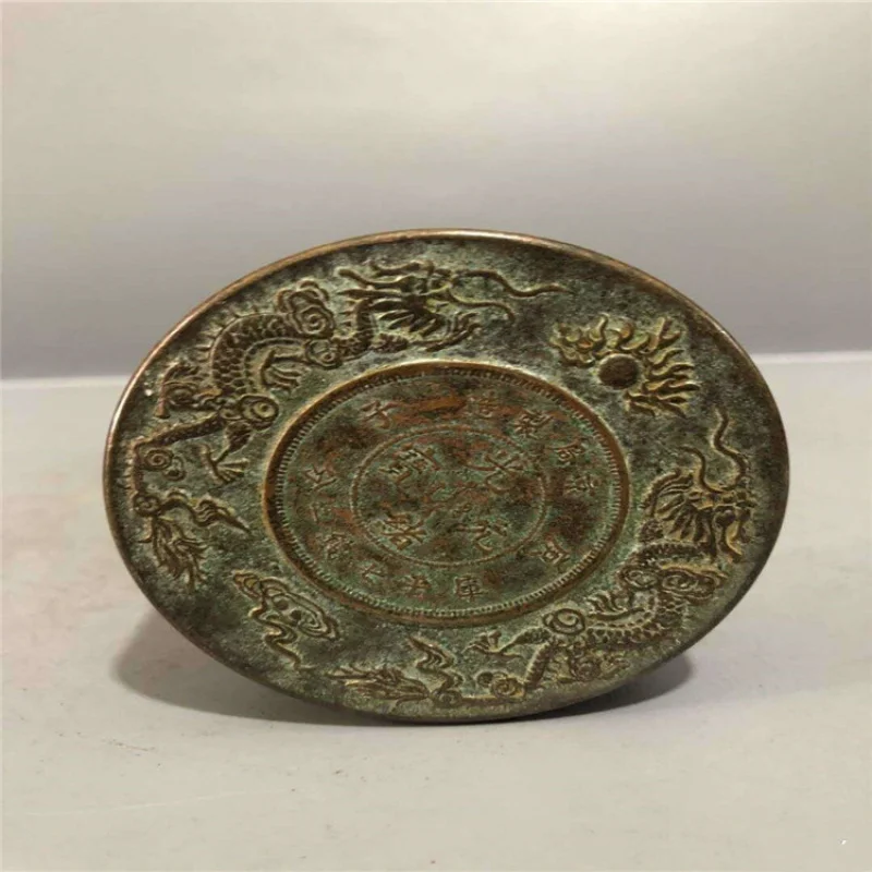 Miscellaneous Crafts Brass Two Dragons Playing with Pearls Silver Dollar Ink Box Copper Ink Pad Box Stationery Supplies