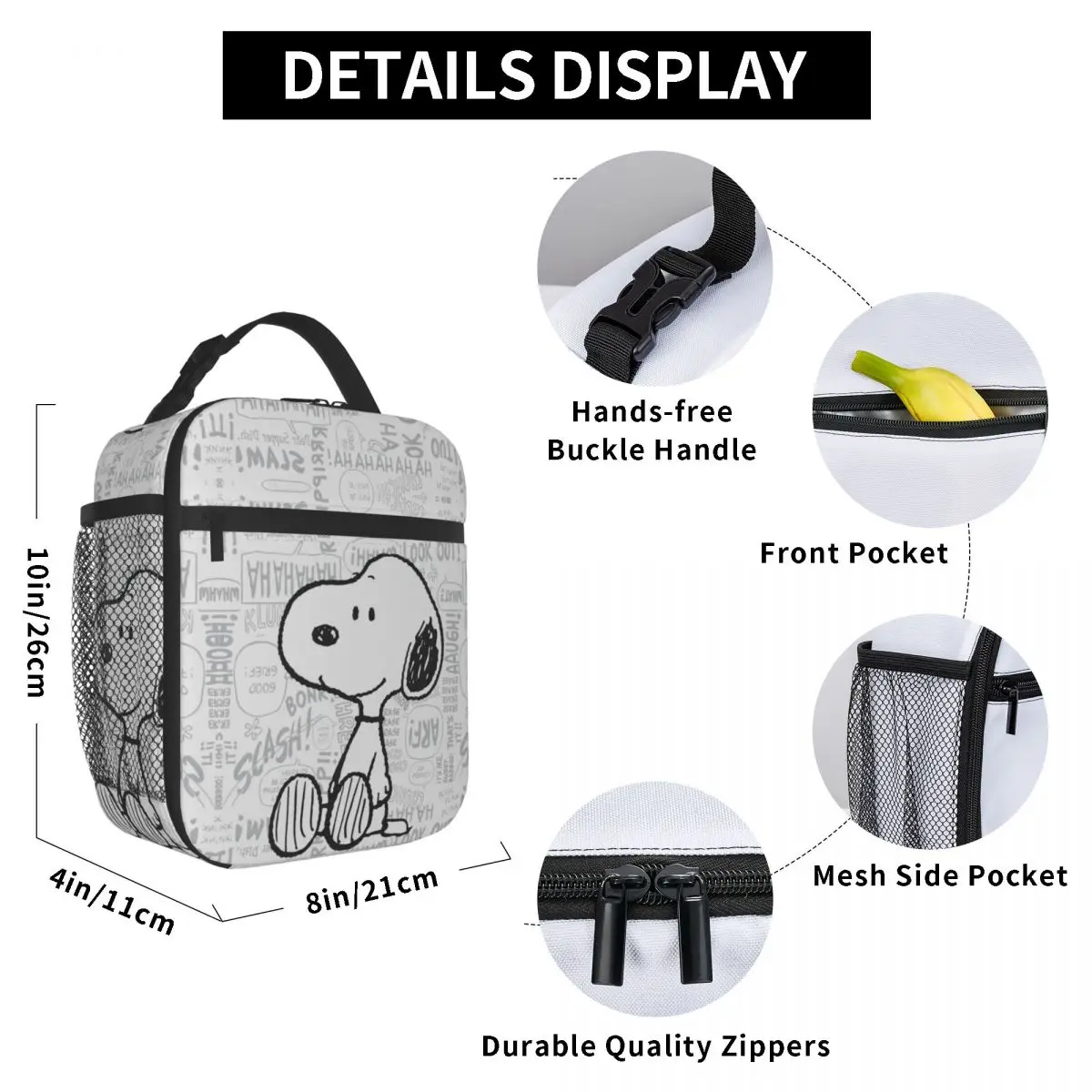 Custom Snoopy On Black White Comics Disney Thermal Insulated Lunch Bag Peanuts Portable Lunch Box Picnic Storage Food Tote Bags