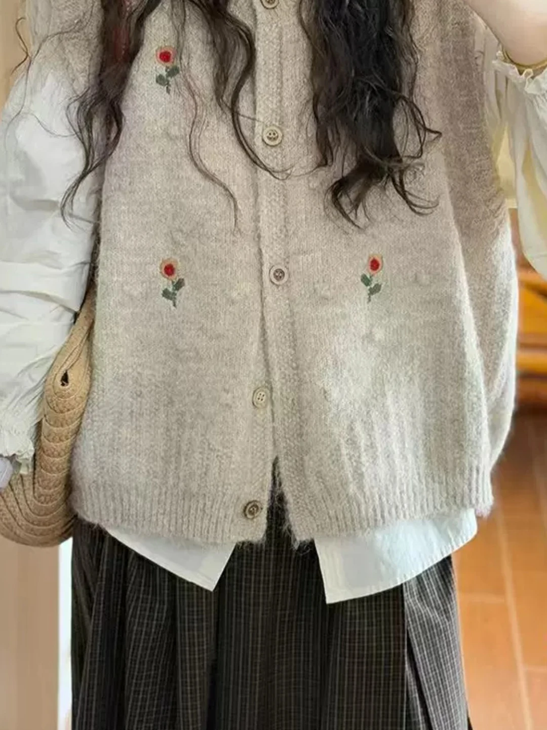 Women's Knitted Long Sleeve Open Cardigan Vest Loose Fit Floral Design Single Button Casual Wear Autumn New Style Layering Top