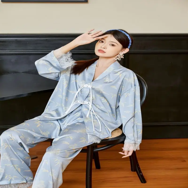 SXTHAENOO Spring Autumn Set Printed Bandage  Sleepwear Blue Simple Women Long Sleeve+Pants 2Piece Set Homewear Ladies Pajamas