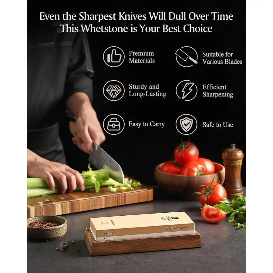 شحذ StoneDual Grit 1000 5000 مبراة سكاكين حجرية كبيرة جدًا مع قاعدة خشب السنط، مسطح دايموند