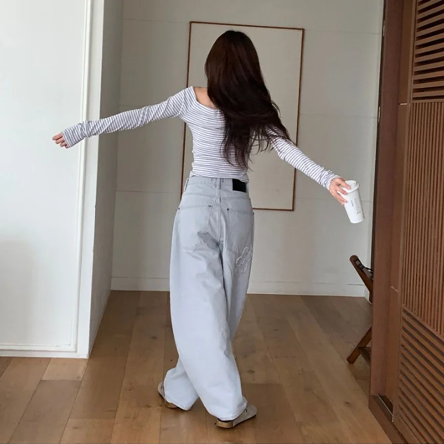 Casual Embroidered Floral Long Trousers Women's Stylish Cool Summer 2026 High Waist Cotton Denim Plant Pattern All Seasons