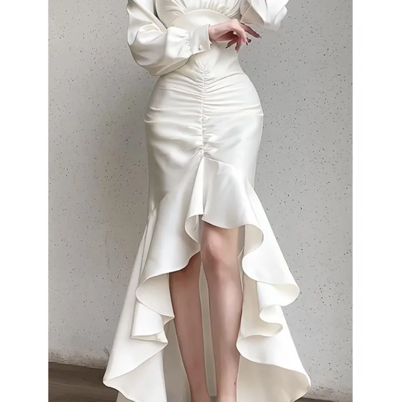 

Stitching Wave Fishtail Skirt Collar Bubble Design Long Sleeve Dress