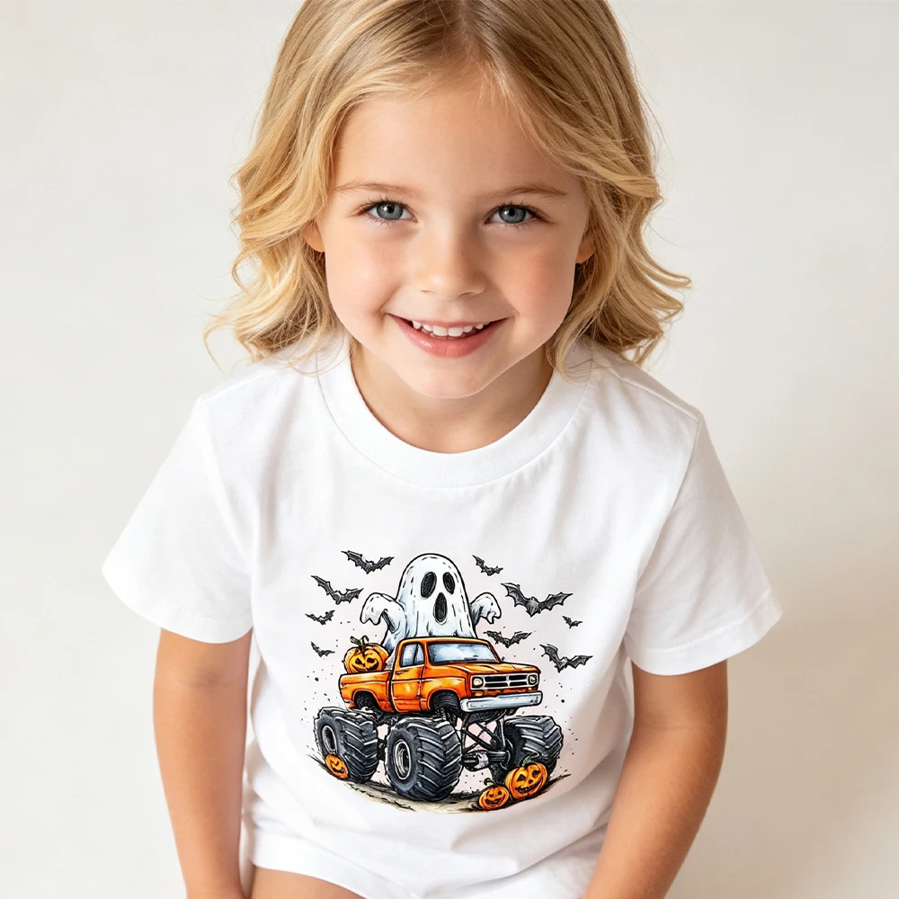 Halloween Kids T‑Shirt Ghost Monster Truck Print Short Sleeve Tee Boys Girls Casual Cotton Tops Children Halloween Party Gift