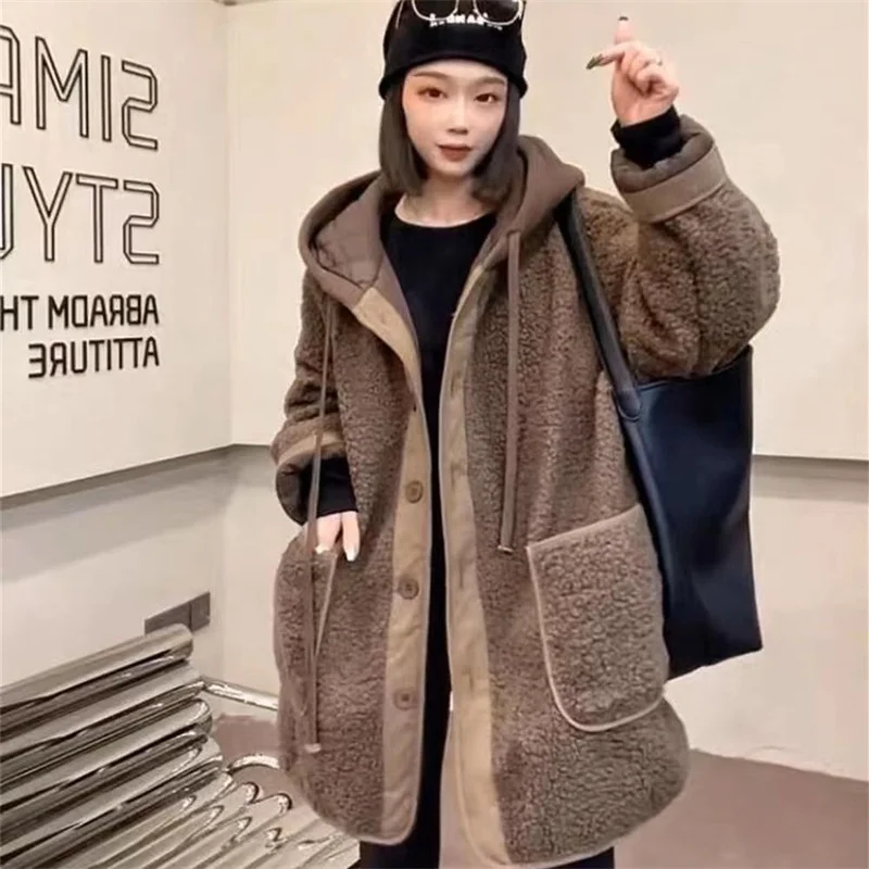 

Quilted Winter Jackets New Spliced Fake Two Piece Lamb Wool Sandwich Hooded Coat 2023 Med-Long Loose Grain Fleece Coat Thick 5X