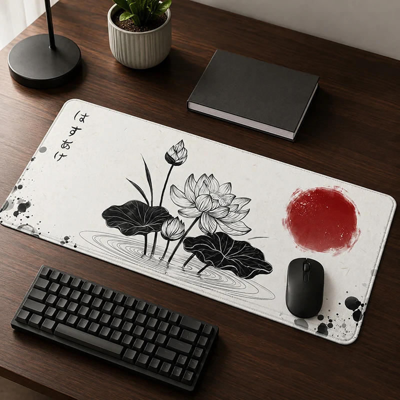 Mouse Pad Gaming Minimalist Ink Lotus And Red Sun printon demand Computer Home Mousepad XXL Desk Mats Natural Rubber Soft Carpet