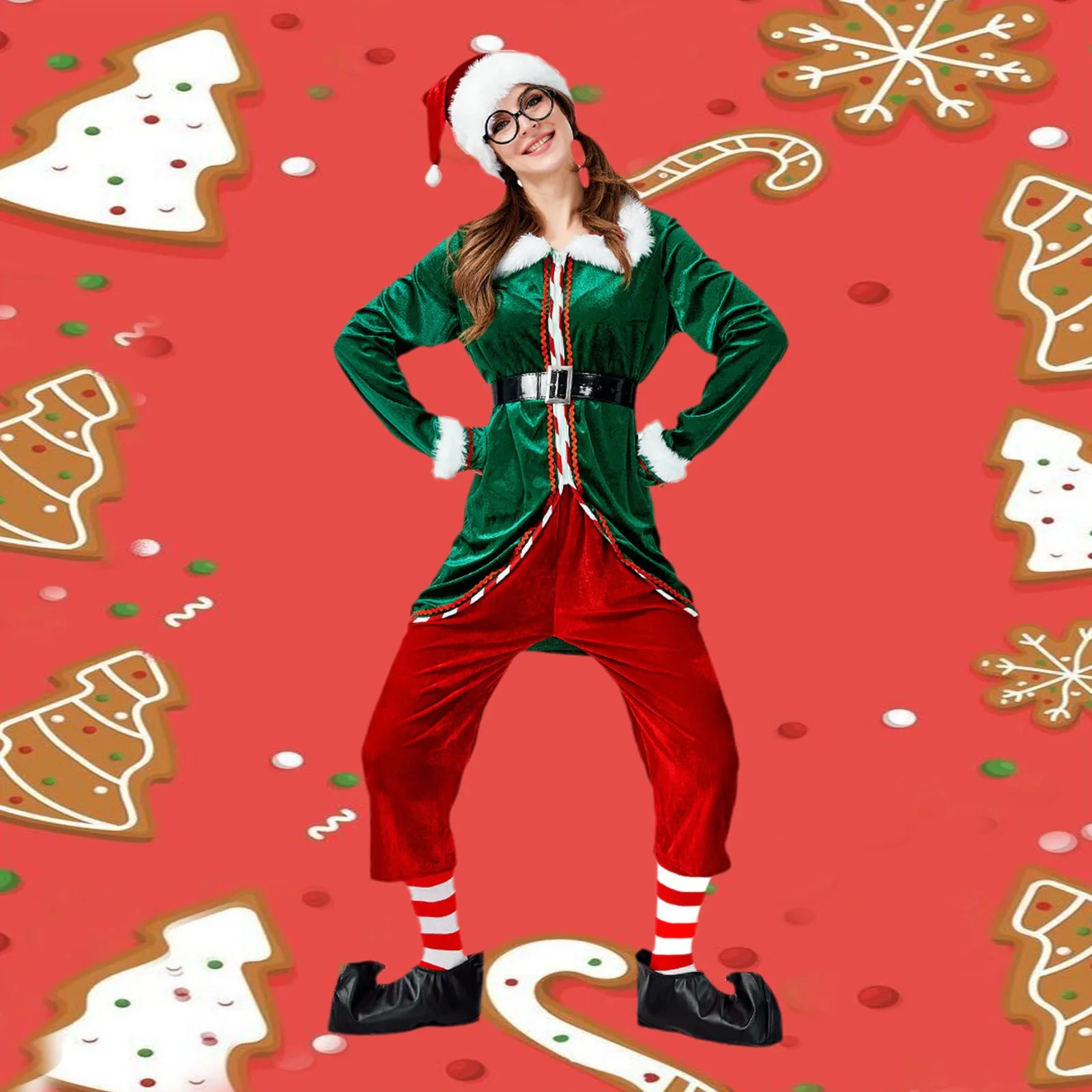 

Adult Christmas Santa Claus Costume Green Elf Cosplay Family Christmas Party New Year Xmas Fancy Dress Clothes Set For Men Women