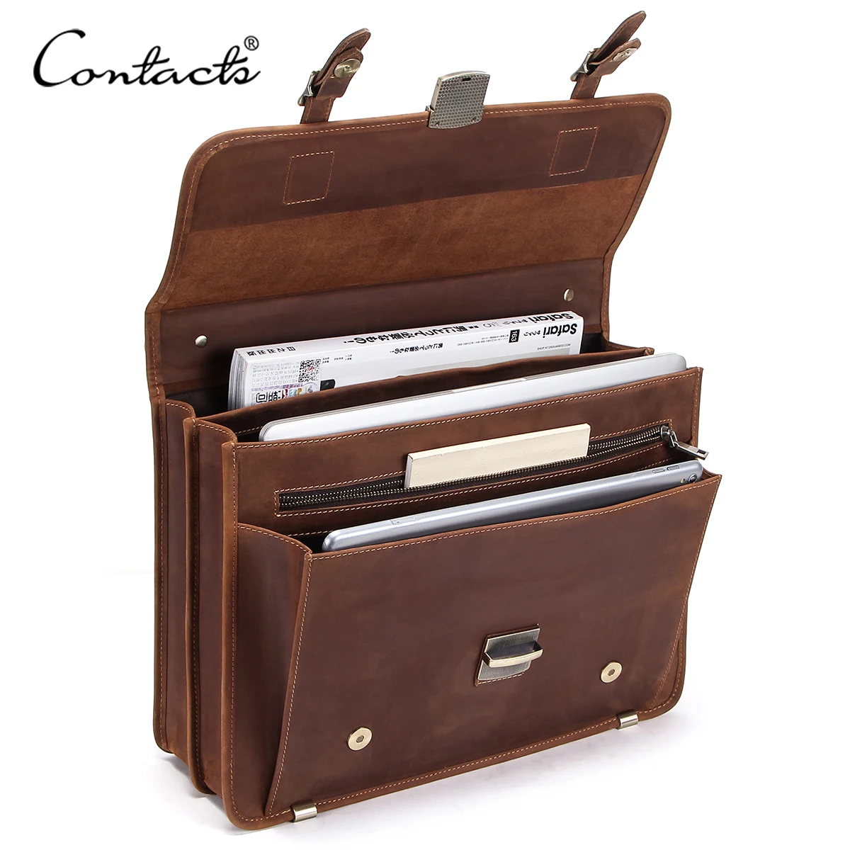 CONTACT'S Genuine Leather Business Bag Briefcase for Men, High Quality Laptop Tote Bag, Office Portfolio Document Carrier Male