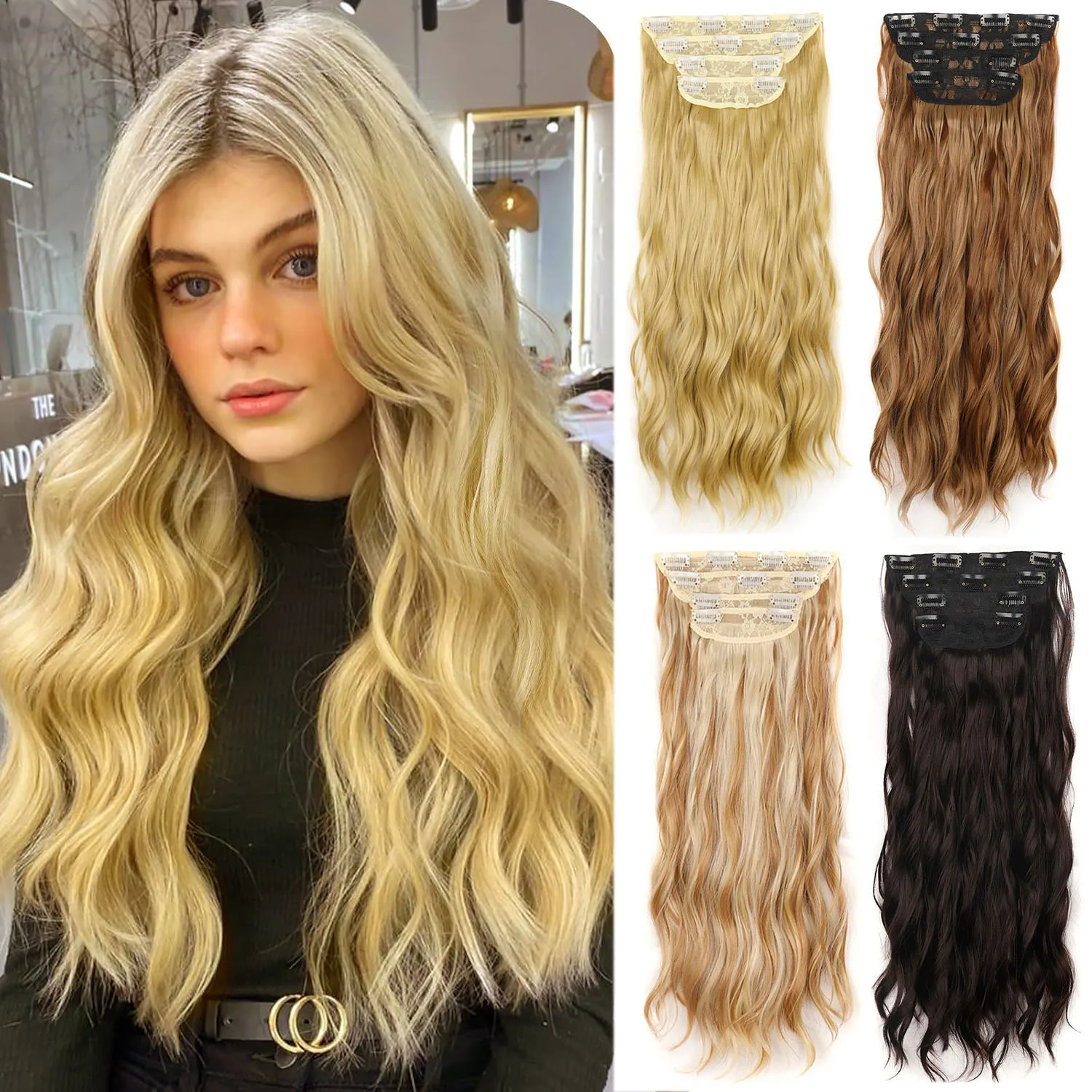 Jeedou Clip-in Hair Extensions 4PCS/Set Long Bouncy Curly Beach Wavy Hair for Women Synthetic Hairpieces Daily Use