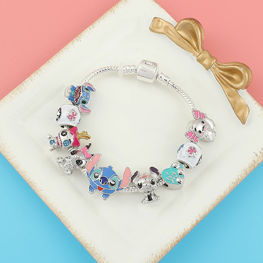 Disney Beaded Bracelet Lilo And Stitch Cartoon Cute Metal Charms Bangle DIY Beads Chain Jewelry Gifts Accessories For Women Kids