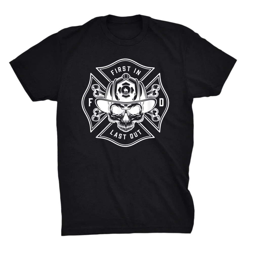

Cotton Black T-Shirt Firefighter First in Last out Skull Fire Department Printed Men's & Women's Summer Top