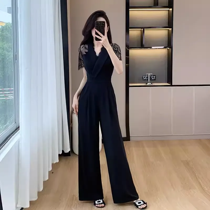 

2024 Runway Summer Women Sexy V Neck Lace See Through Elegant Long Jumpsuit Overalls Ladies Wide Leg Black Jumpsuit Romper