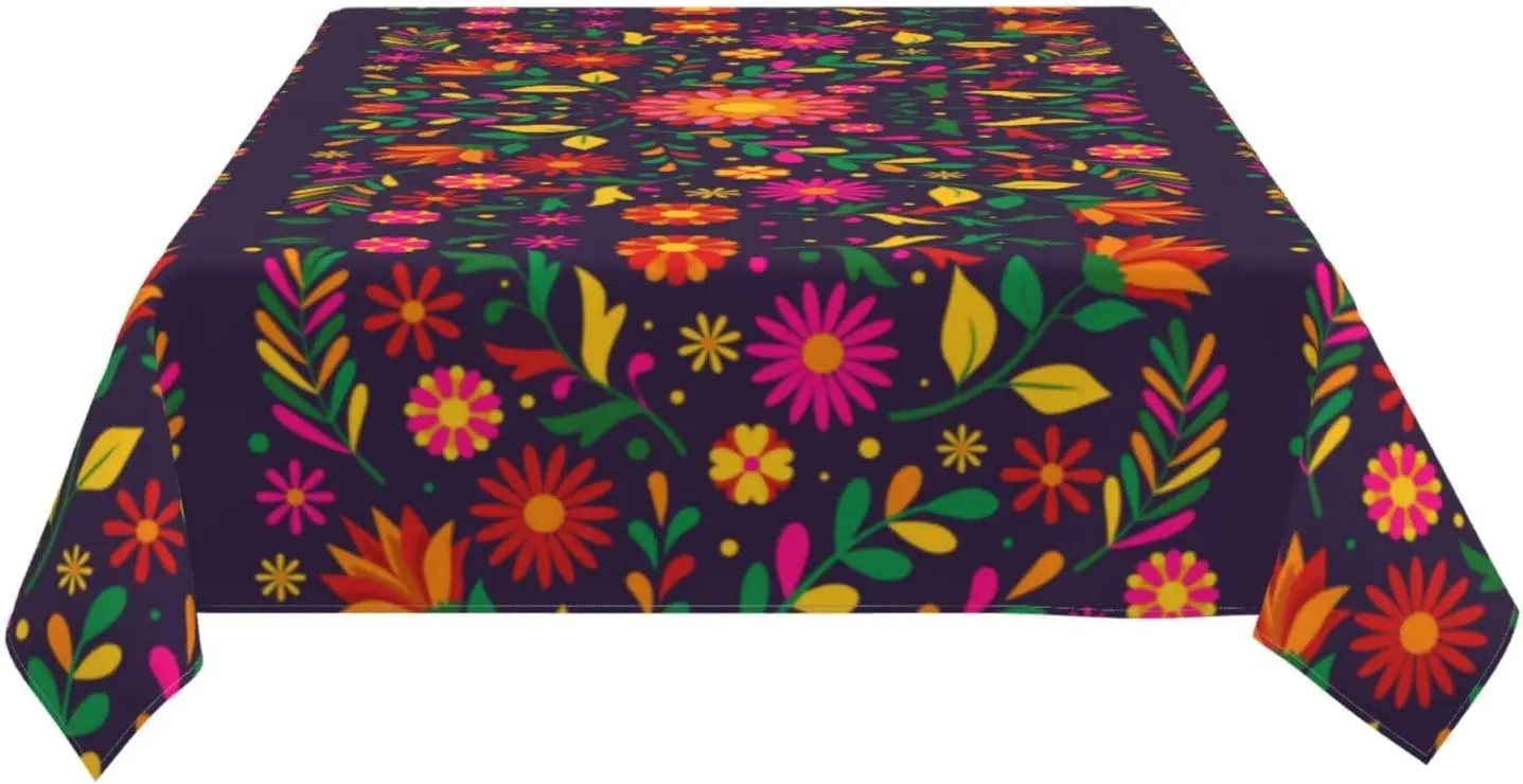 Colorful Floral Mexican Rectangular Tablecloth Holiday Party Decorations Waterproof Fabric Table Cover for Kitchen Table Decor