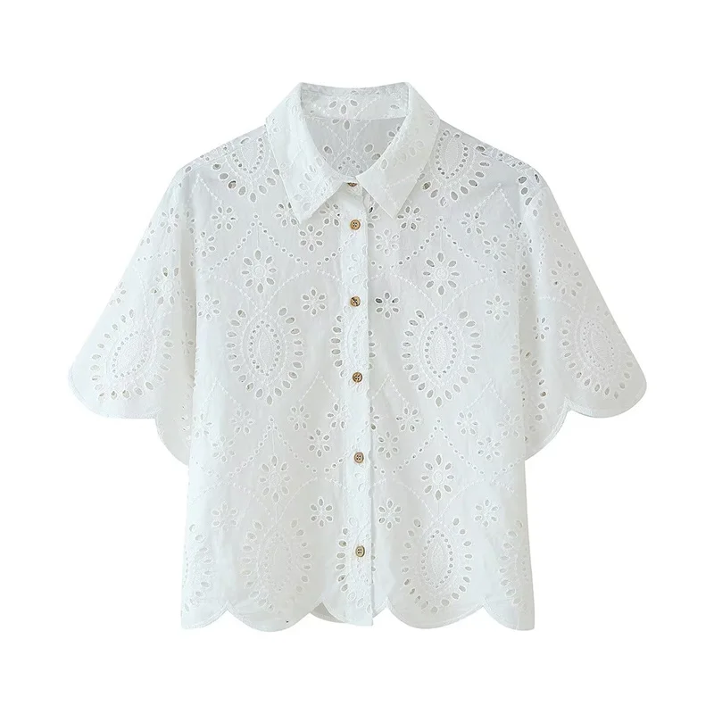 

Women's Short Sleeve Top 2025 New White Heavy Industry Embroidered Jacquard Shirt Summer retro temperament top