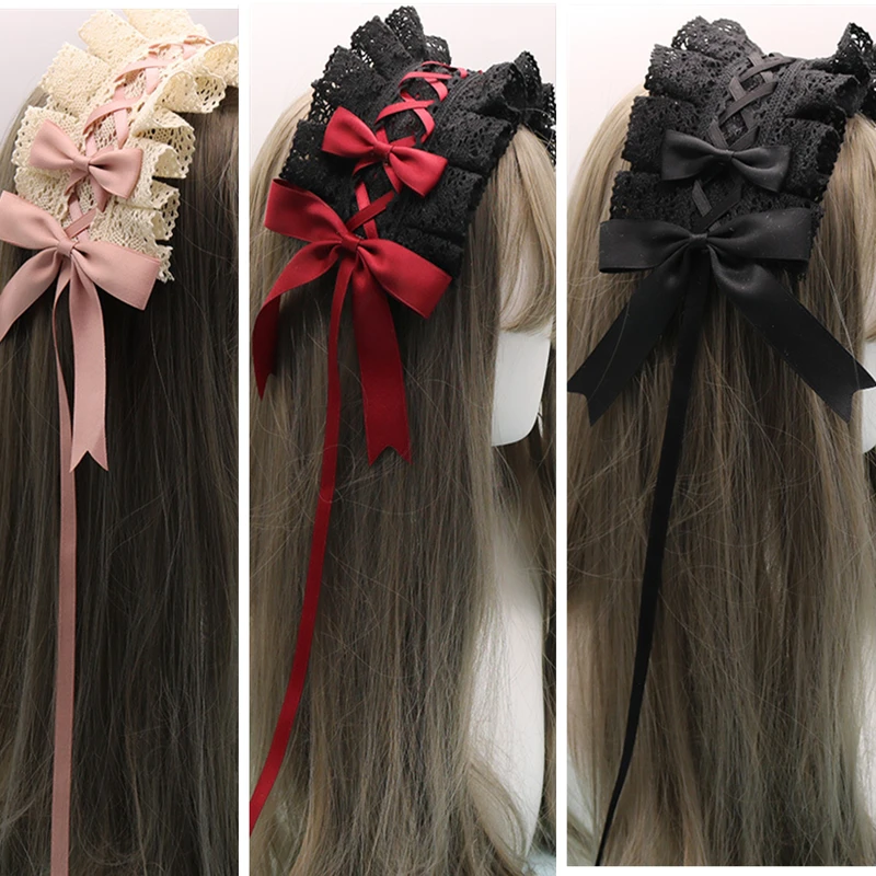 น่ารัก Bowknot หวาน Lolita ลูกไม้ดอกไม้ผม Hoop อะนิเมะ Cosplay Headband Headwear อุปกรณ์เสริม Hand Made ขายส่ง