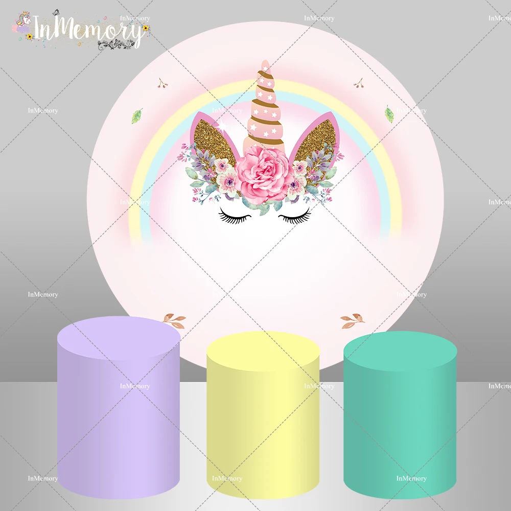 

Happy Birthday Unicorn Party Rainbow Flower Baby Child Banner Photo Background Round Circle Backdrop Cover