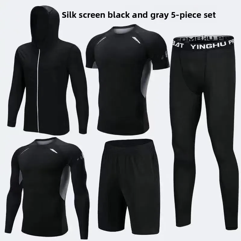 Set da allenamento da uomo ad asciugatura rapida da 5 pezzi: abbigliamento da palestra a compressione per corsa, allenamento e basket